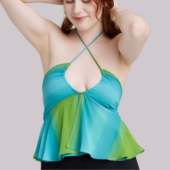 Wild Fable Open Back Cross Frony Halter Top Teal Blue/ Green NWT Size L - Picture 1 of 14